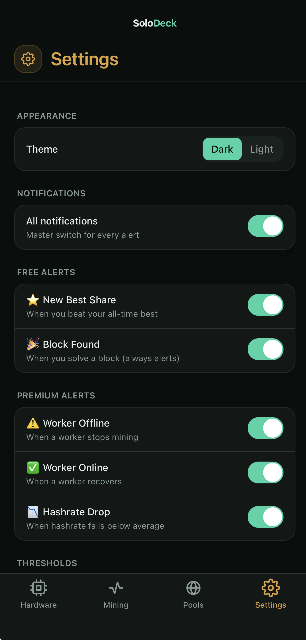 SoloDeck notification settings: a master switch, free Best Share and Block Found alerts, and premium Worker Offline, Worker Online and Hashrate Drop alerts
